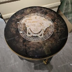 Round Luxury Side Table with Natural Wood Veneer Top, Decorative Inlay Medallion, Gold-Finish Stainless Steel Trim and Sculptural Studded Base